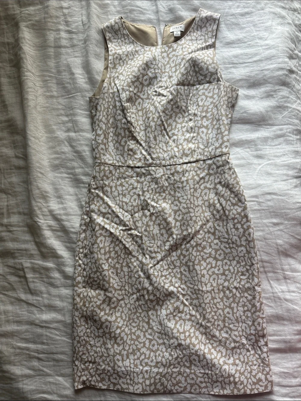 J. Crew Beige and White Sleeveless Jacquard Midi Sheath Dress